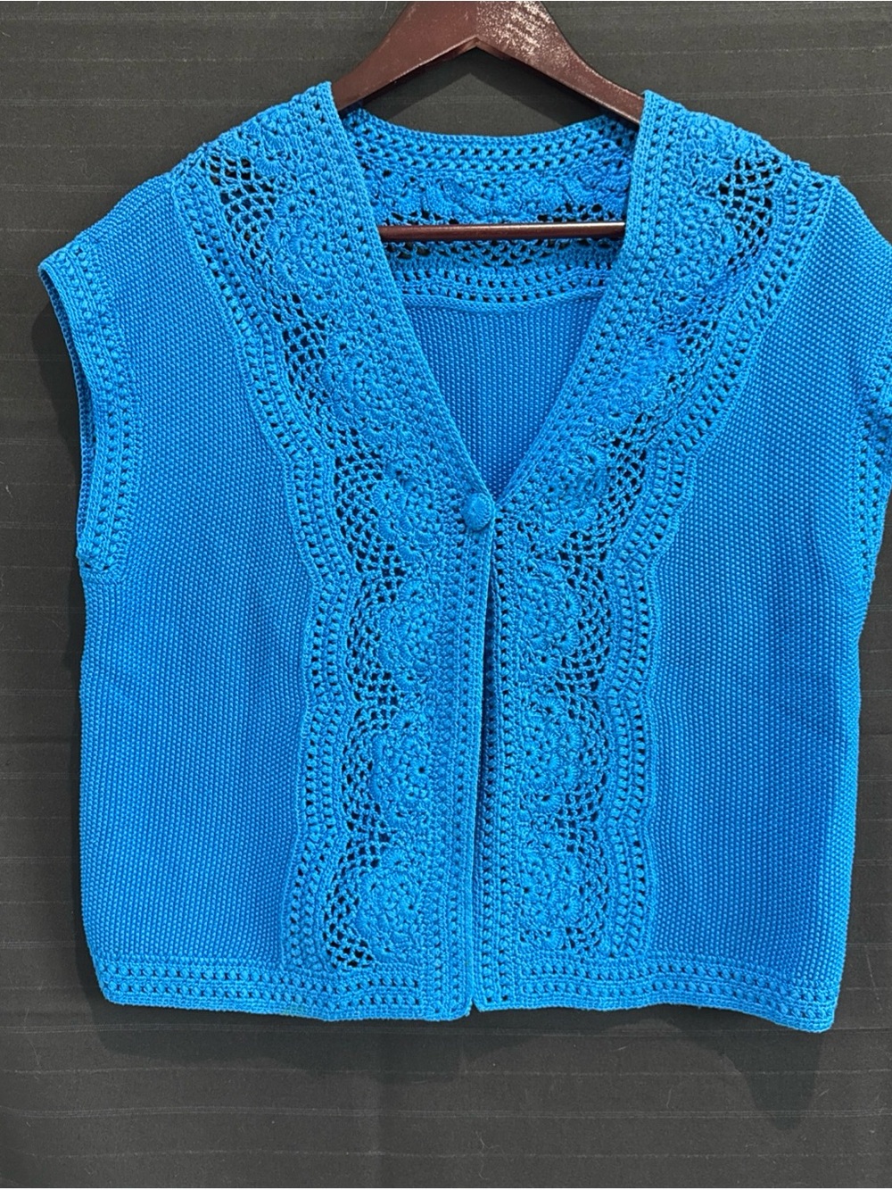 Blue Crochet Edge Knit Sleeveless Vest Cardigan Sweater 100% Cotton Boxy Open M